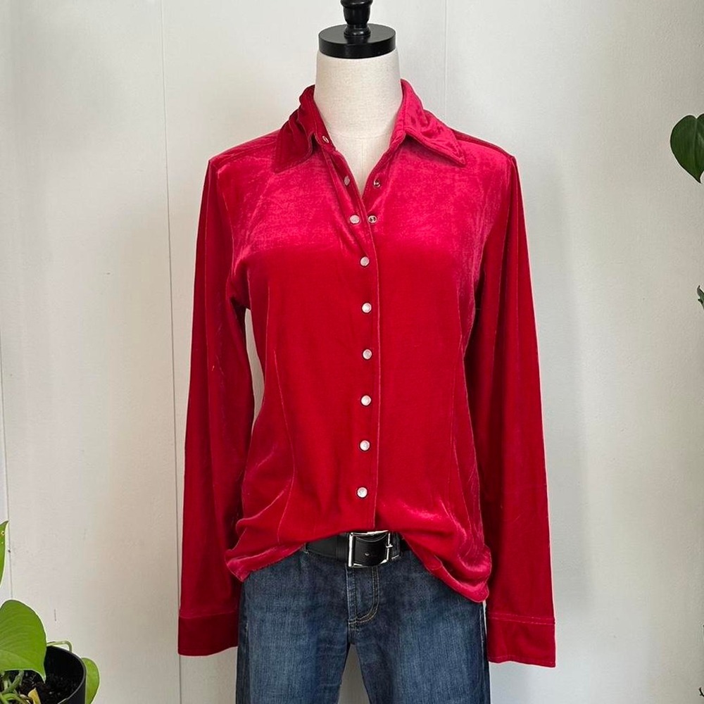 Partners Women Fuchsia Pink Velvet Pearl Snap Button Up Shirt Medium